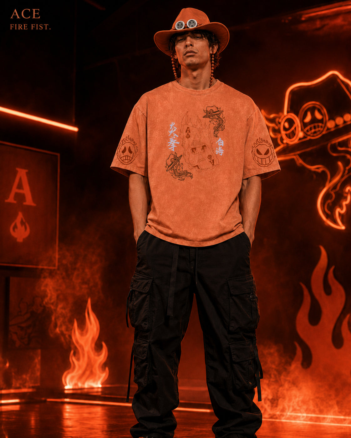 One Piece Ace Fire Fist Snow Washed Oversized Tee