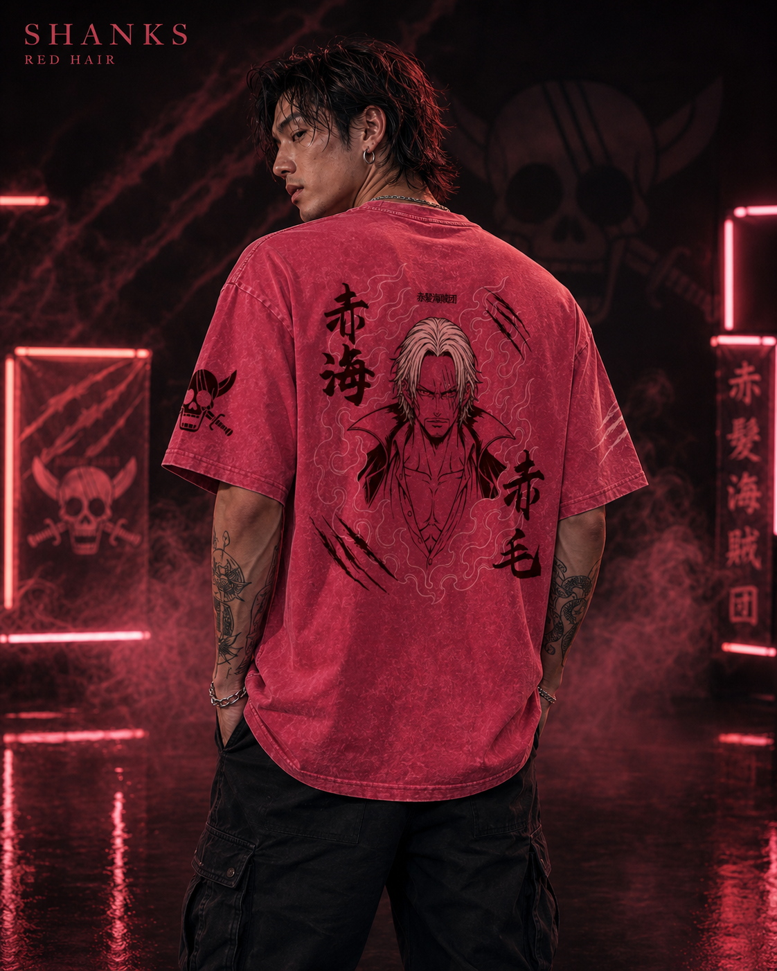 One Piece Shanks Red Hair Pirates Snow Washed Oversized Tee