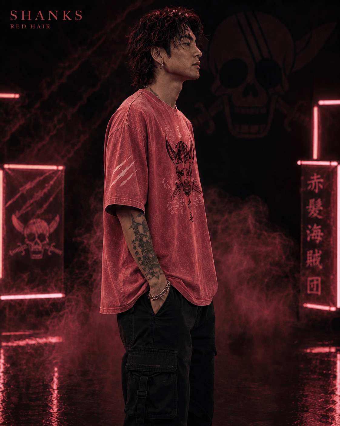 One Piece Shanks Red Hair Pirates Snow Washed Oversized Tee anime T-Shirt
