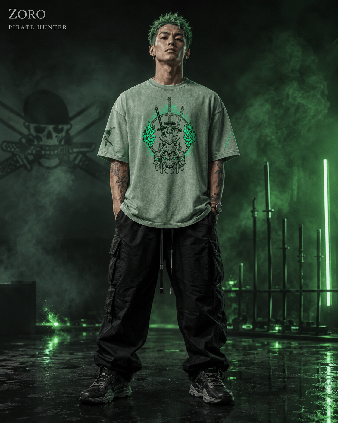 One Piece Zoro Three Sword Style Snow Washed Oversized Tee anime T-Shirt