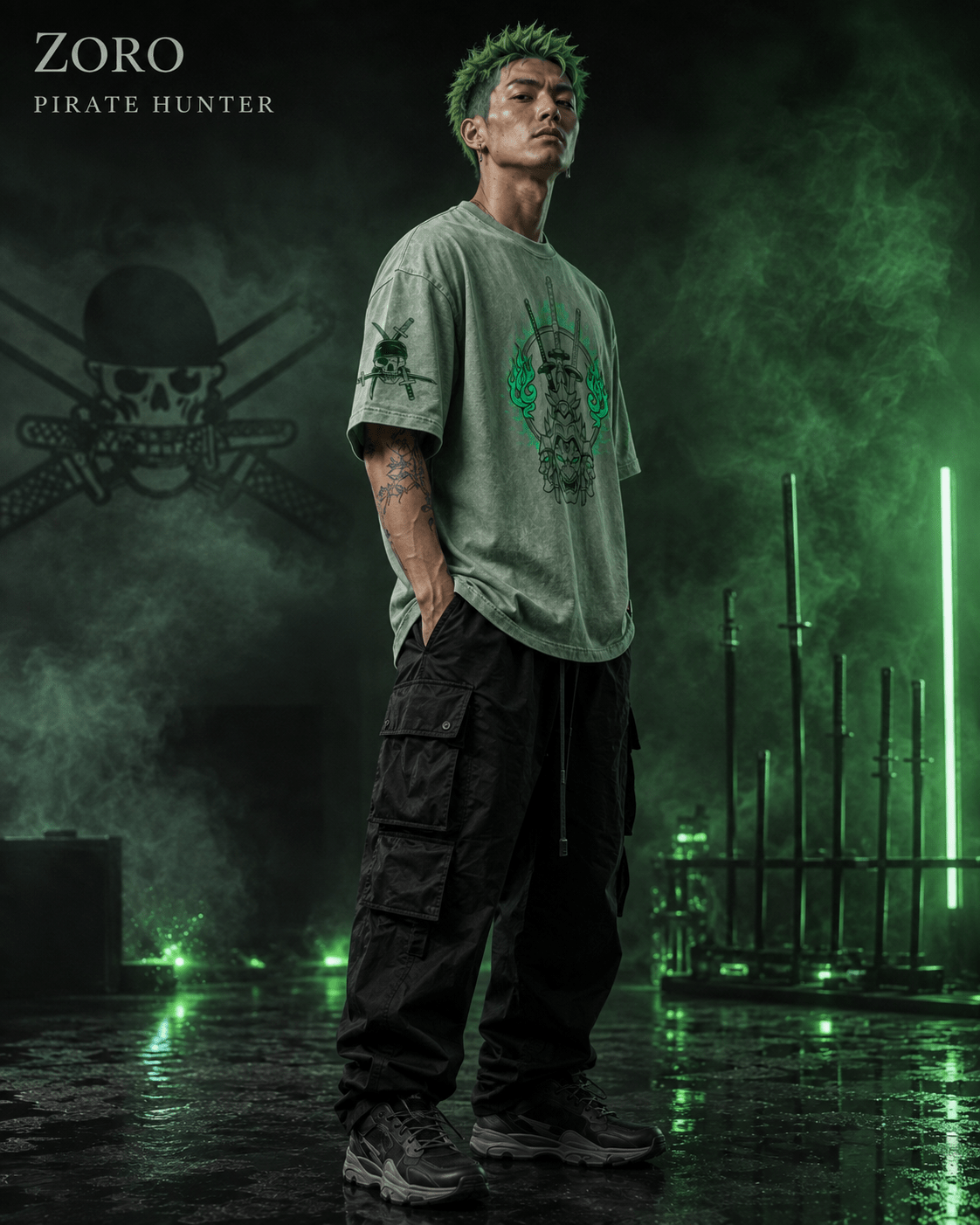 One Piece Zoro Three Sword Style Snow Washed Oversized Tee anime T-Shirt