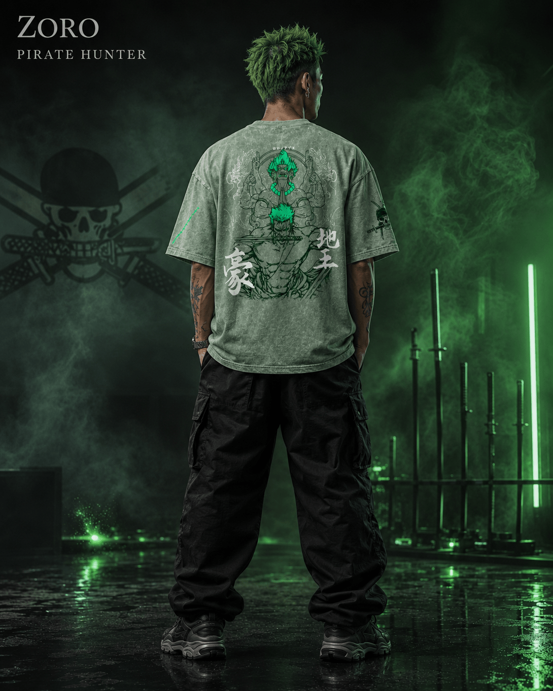 One Piece Zoro Three Sword Style Snow Washed Oversized Tee anime T-Shirt