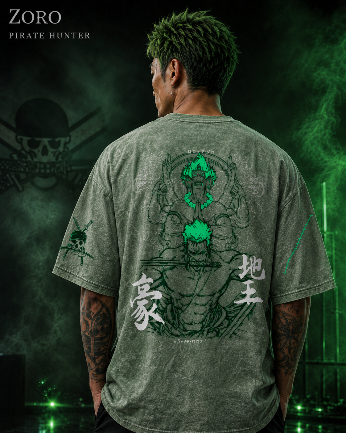 One Piece Zoro Three Sword Style Snow Washed Oversized Tee