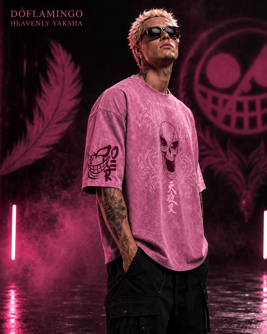 One Piece Doflamingo Heavenly Yaksha Snow Washed Oversized Tee anime T-Shirt