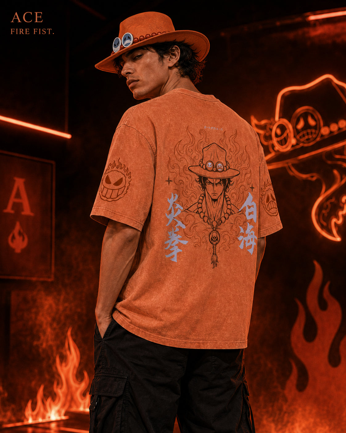 One Piece Ace Fire Fist Snow Washed Oversized Tee