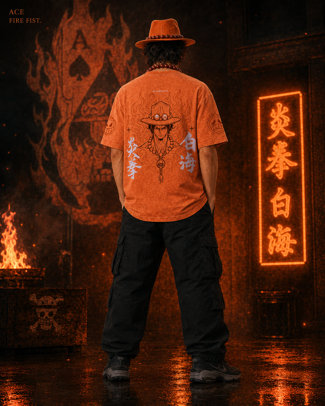 One Piece Ace Fire Fist Snow Washed Oversized Tee