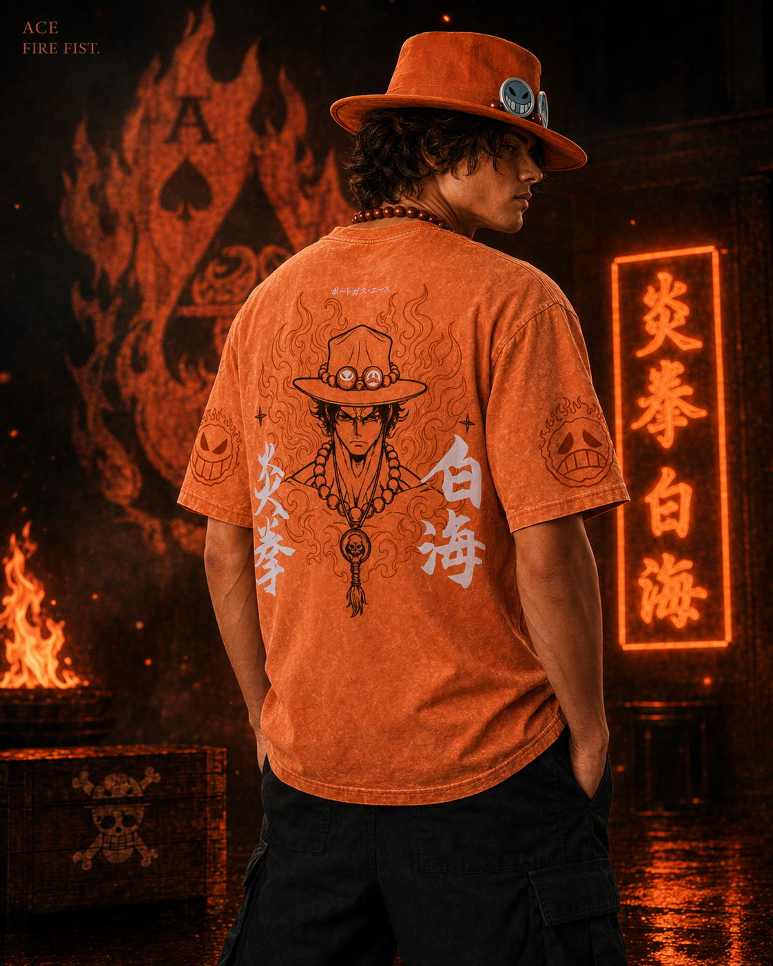One Piece Ace Fire Fist Snow Washed Oversized Tee