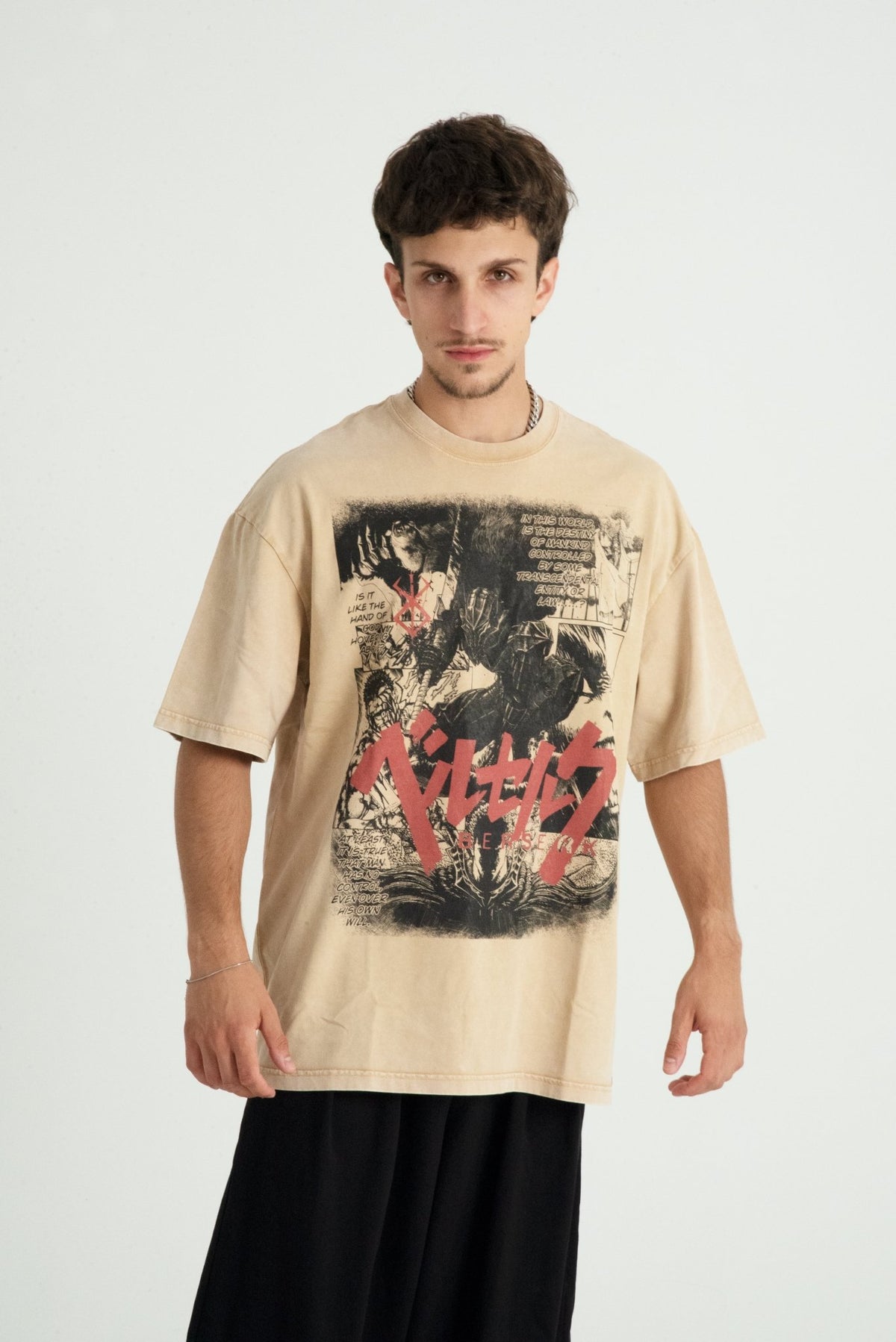 Berserk manga aesthetic tee in garment-washed heavyweight cotton worn by a model