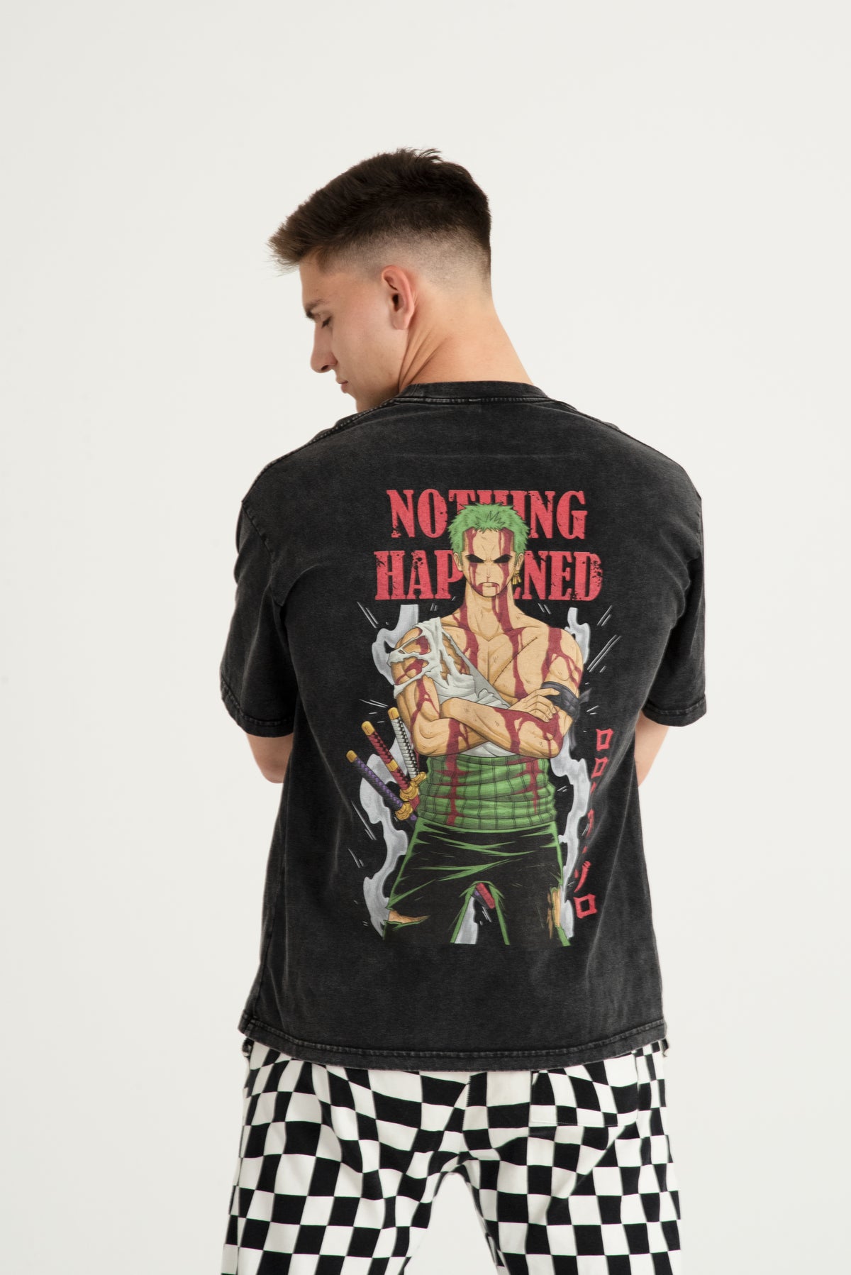 Zoro Nothing Happened Tee Zoro Nothing Happened One Piece t-shirt worn by model