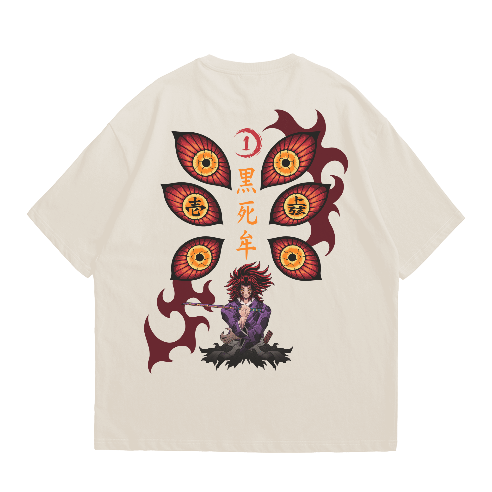 KOKUSHIBO: SIX-EYED SOVEREIGN VINTAGE TEE | Black&Apricot anime