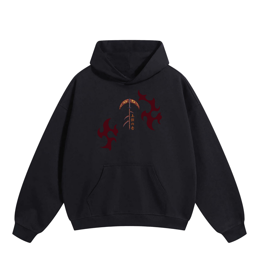 Kokushibo Six-Eyed Sovereign Demon Slayer hoodie front, black heavyweight fleece