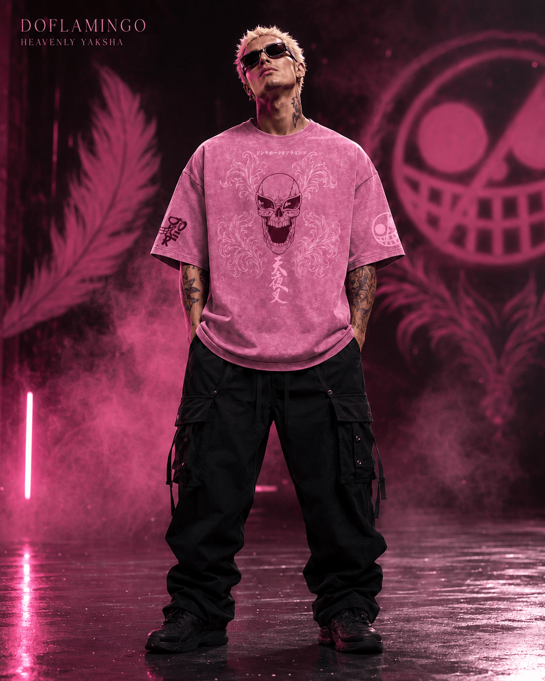 One Piece Doflamingo Heavenly Yaksha Snow Washed Oversized Tee anime T-Shirt