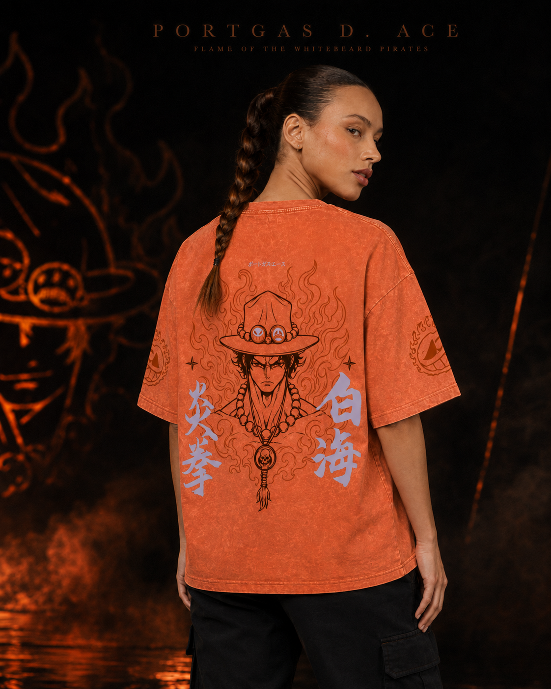 One Piece Ace Fire Fist Snow Washed Oversized Tee