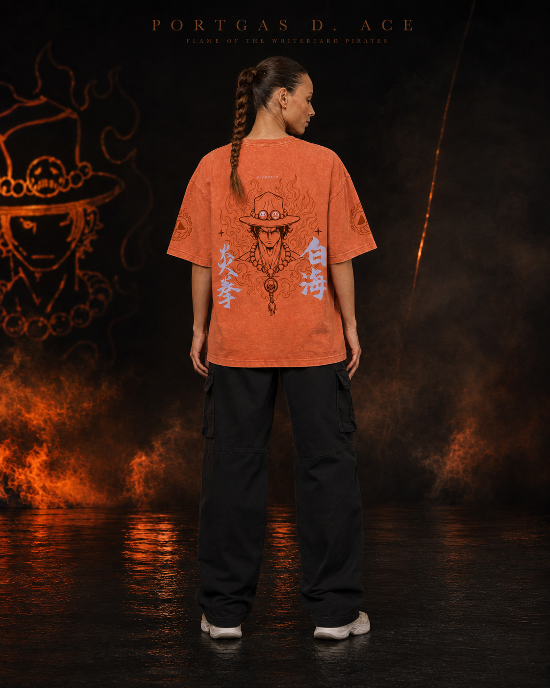 One Piece Ace Fire Fist Snow Washed Oversized Tee