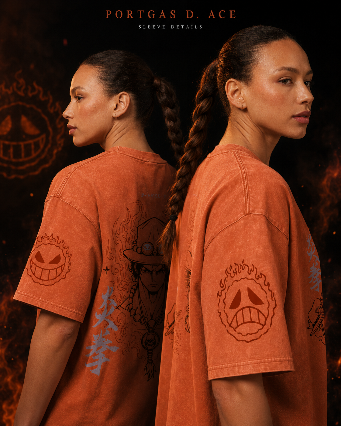 One Piece Ace Fire Fist Snow Washed Oversized Tee