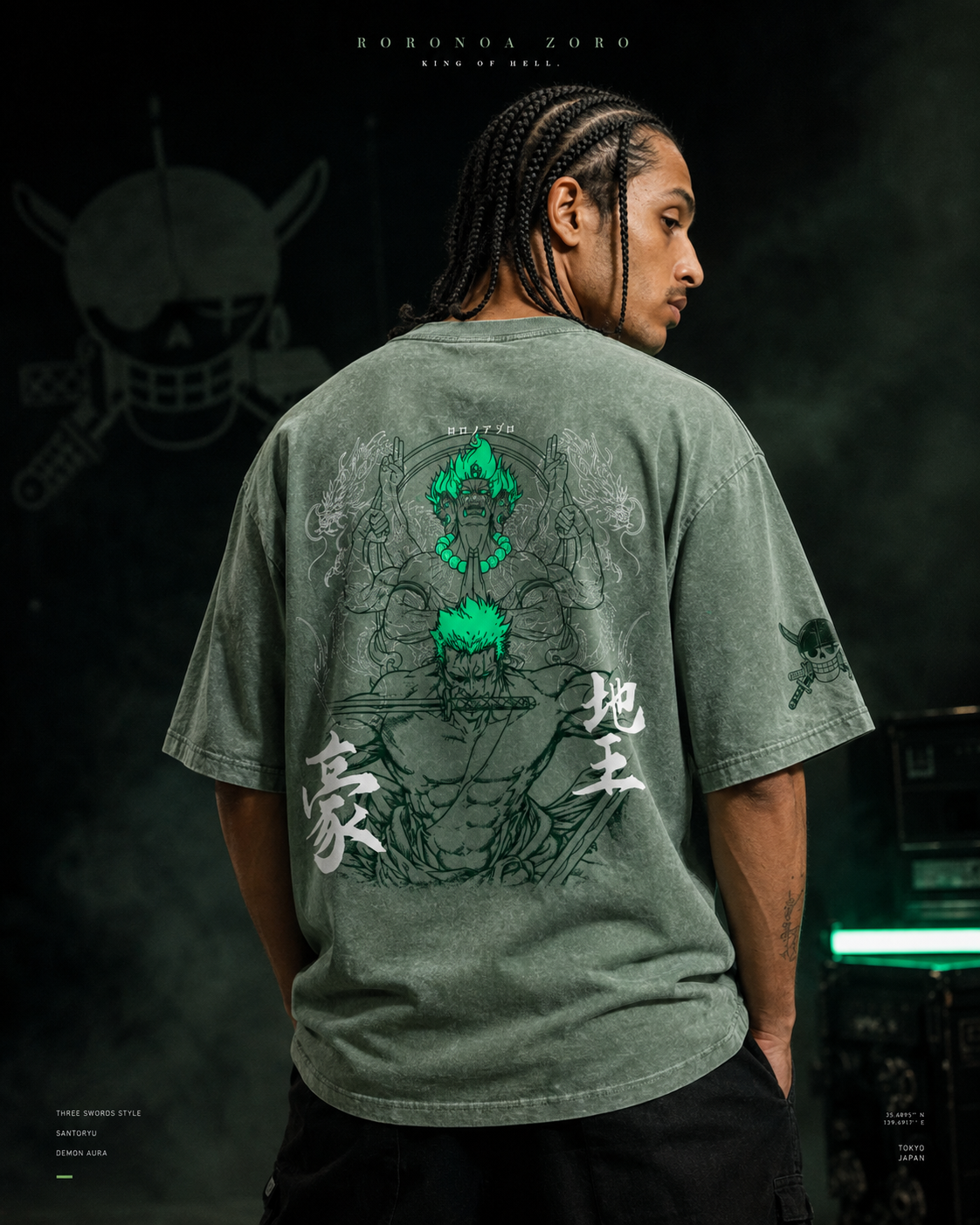 One Piece Zoro Three Sword Style Snow Washed Oversized Tee