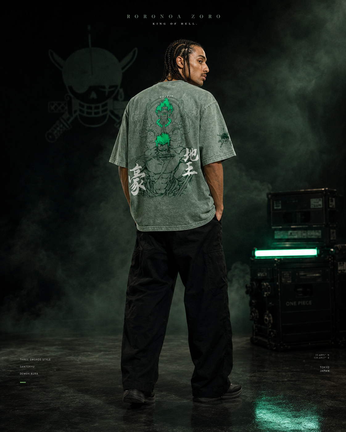 One Piece Zoro Three Sword Style Snow Washed Oversized Tee