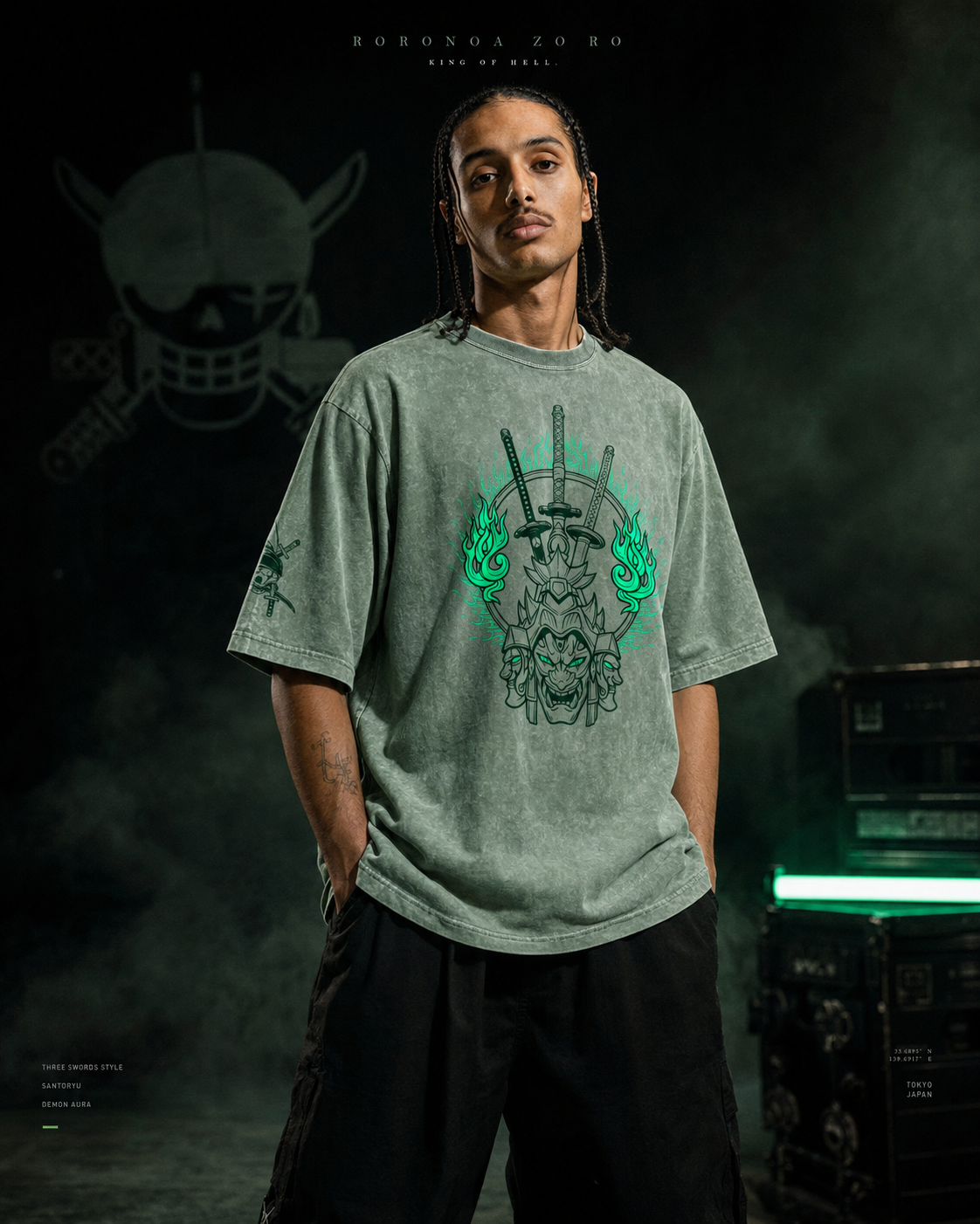 One Piece Zoro Three Sword Style Snow Washed Oversized Tee