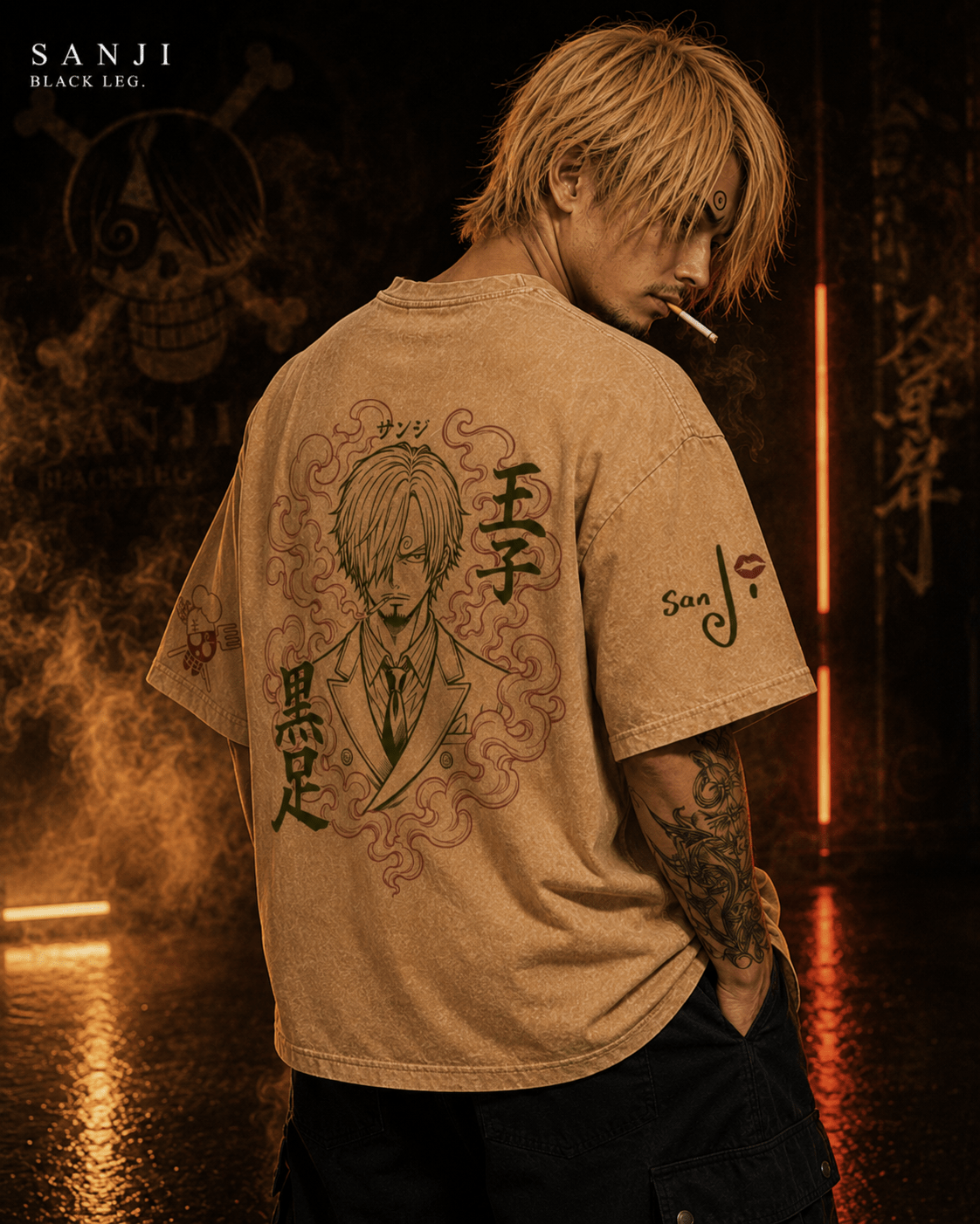 One Piece Sanji Black Leg Snow Washed Oversized Tee anime T-Shirt