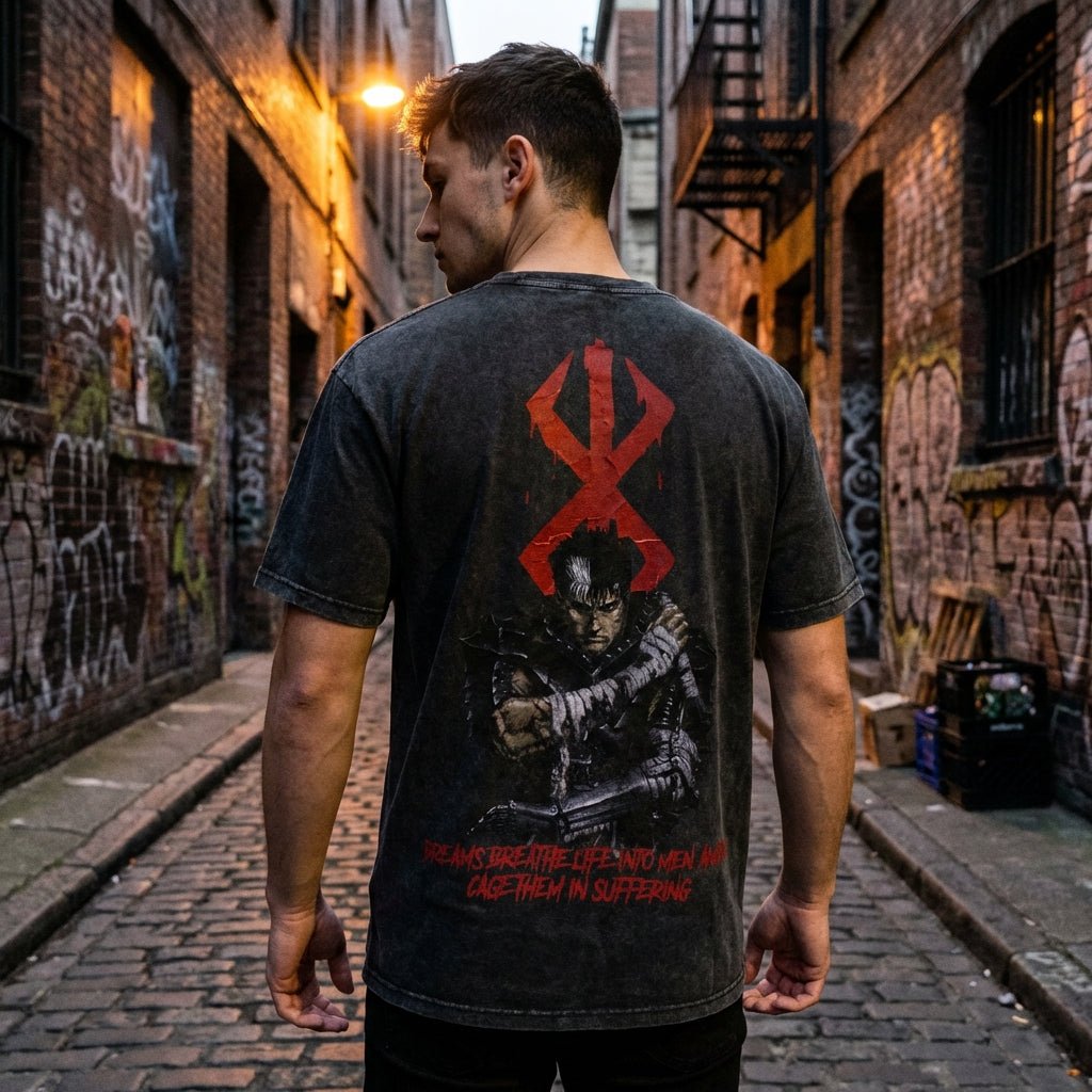 Berserk vintage tee with Kentaro Miura manga panel art worn by a model